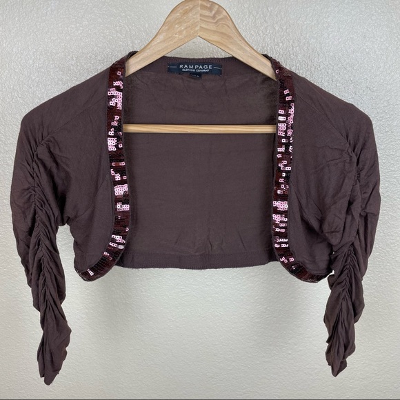 Rampage | Vintage Y2K Sequin Brown Rouched 3/4 Sleeve Crop Bolero Shrug Cardigan - Picture 1 of 8